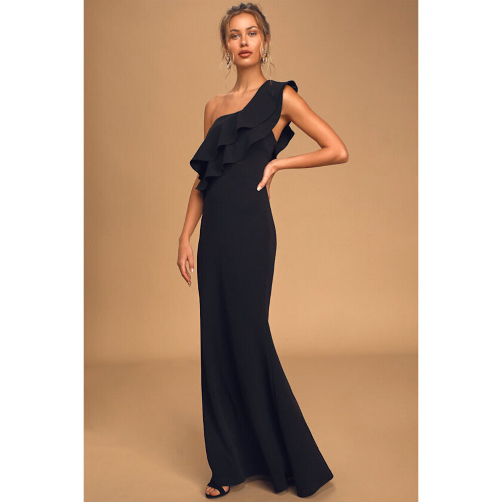 Lulus Grand Beauty Black Ruffled One-shoulder Mermaid Maxi Dress - Size M